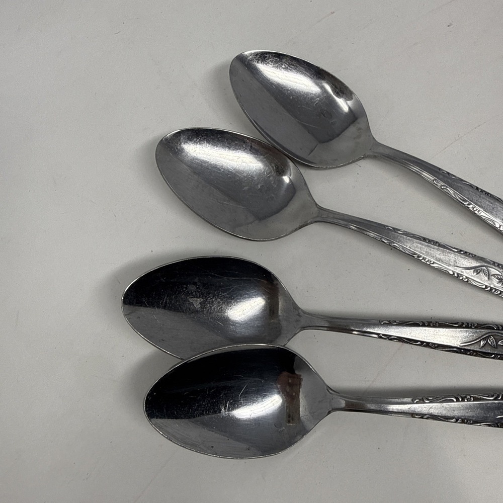 Vintage MCM Stainless Flatware Textured Rose Floral 4 Tablespoons Set Silverware - Picture 3 of 6